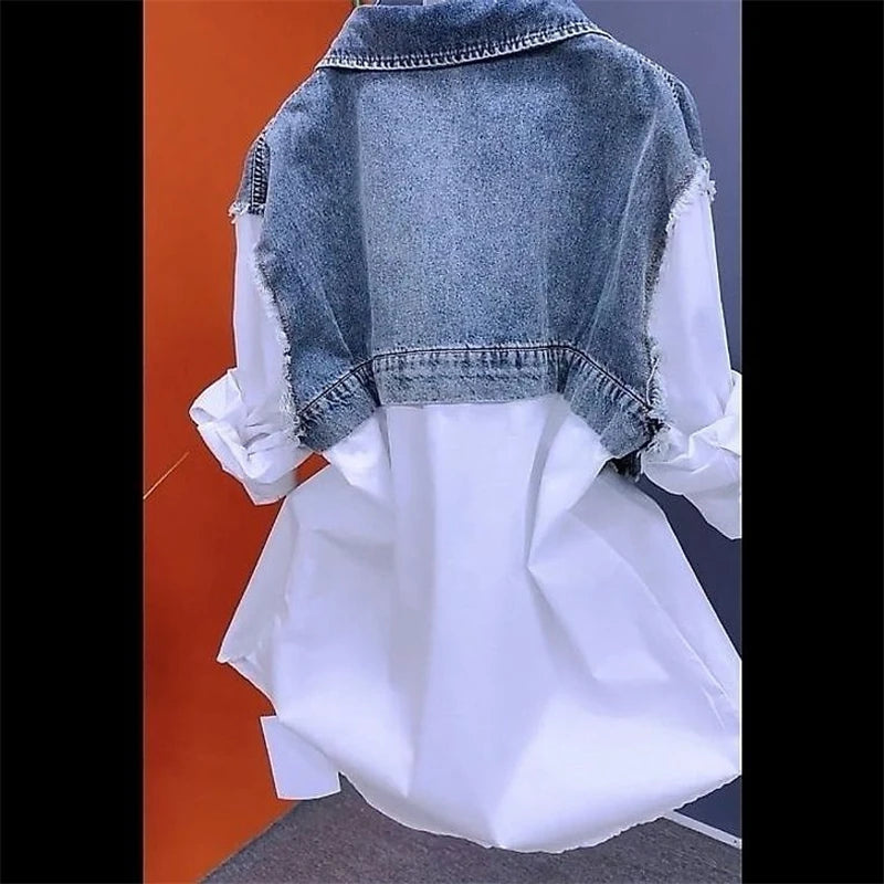 Nouvelle veste en jean épissé pour femmes printemps automne mode coréenne chemise en jean hauts vestes en jean décontractées coupe-vent pour femmes