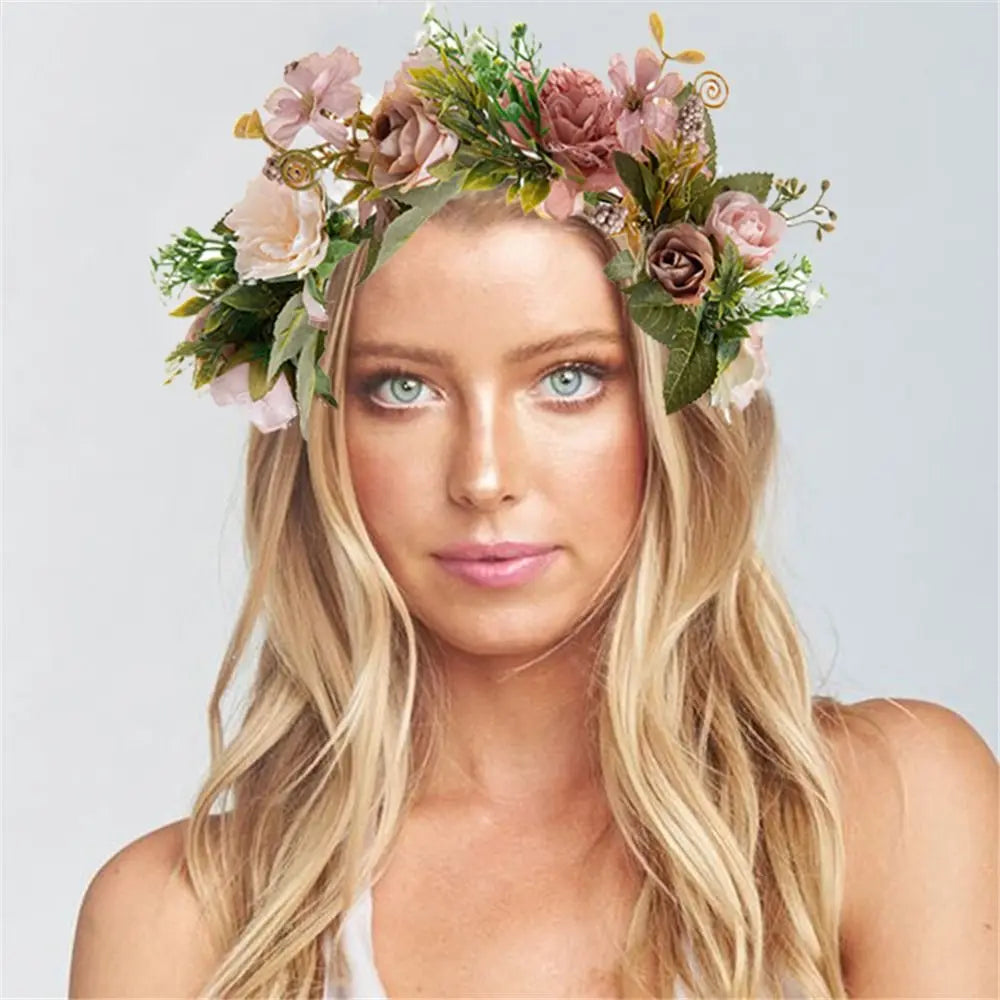 Flower Crown for Women Girls Flower Headband Green Leaf Headpiece Bohemian Festival Wedding Hair Wreath Photo Props Headwear