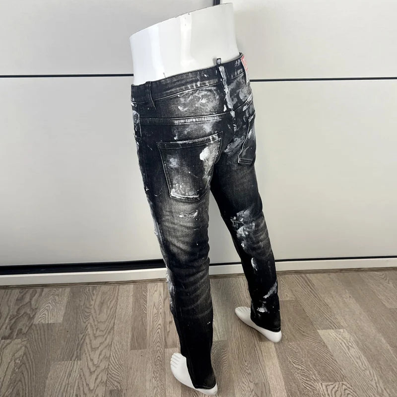 High Street Fashion Men Jeans Retro Black Gray Stretch Skinny Fit Ripped Jeans Men Painted Designer Hip Hop Brand Pants Hombre