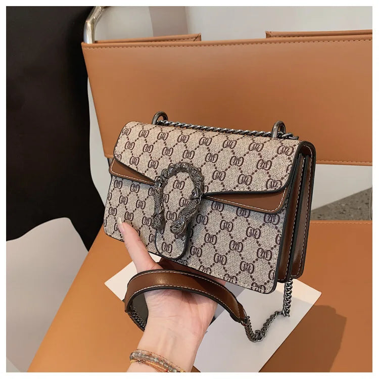 New retro printed chain bag popular underarm bag oblique span shoulder small square bag