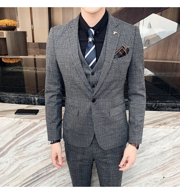 High Quality British Korean Modified Plaid Men (suit + Vest + Trousers) Stylish and Handsome Business Casual Three-piece Suit