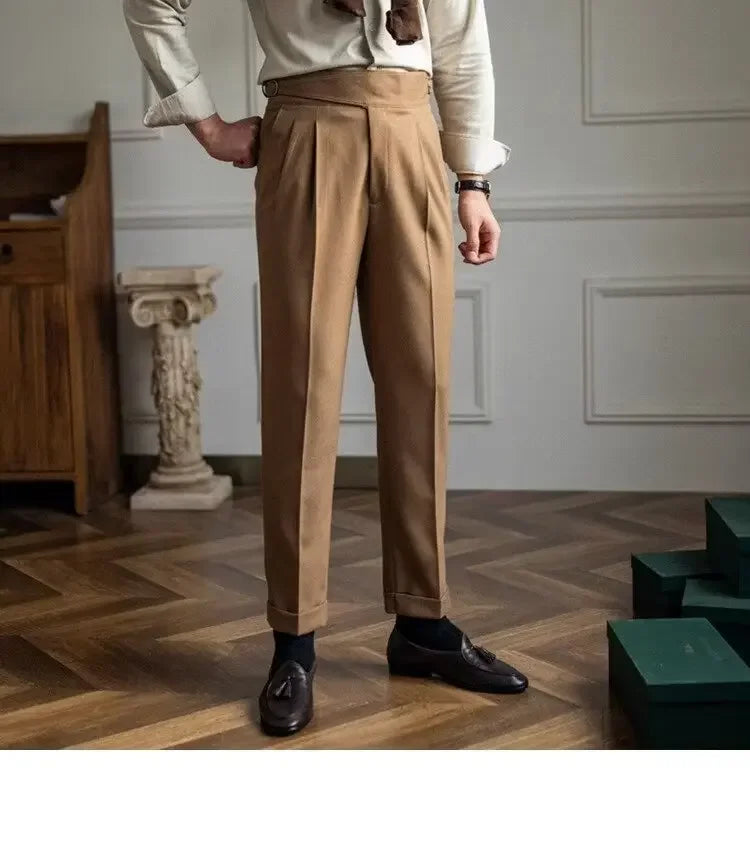 Spring Autumn White Men's Trousers Business Casual Cropped Pants Paris Button Trendy Italian Style