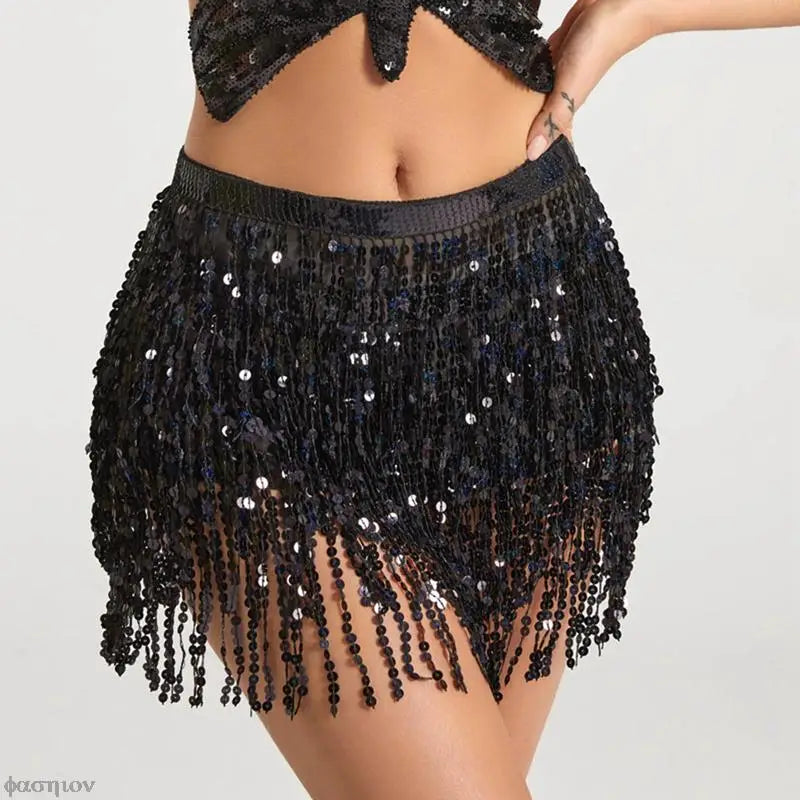 Jupe tutu sexy pour femme, danse du ventre, ceinture portefeuille, paillettes, pompon, écharpe, robe d'été, costume, jupe à franges