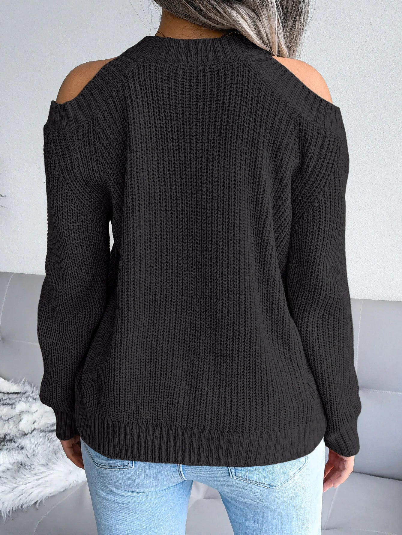 Autumn Winter Casual Solid Color Crew Neck Off Shoulder Long Sleeve Knitted Pullover For Women Sweater Top