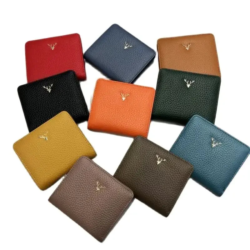 Cowhide Women's Purses Short Thin Small Wallet Chic Christmas Deer Button Ladies Genuine Leather Card Holder Wallet Coin Purse