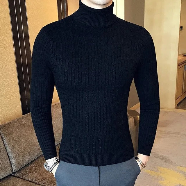 Pull d'hiver épais et chaud à col roulé pour homme, pull de marque à coupe ajustée, tricot à double col