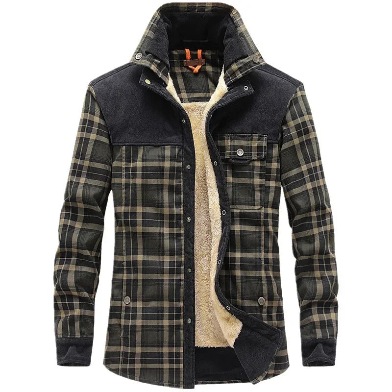 Men's Fleece-lined Thickened Plaid Long Sleeve Shirt Warm Business Casual Fashion Cotton Shirt Jacket