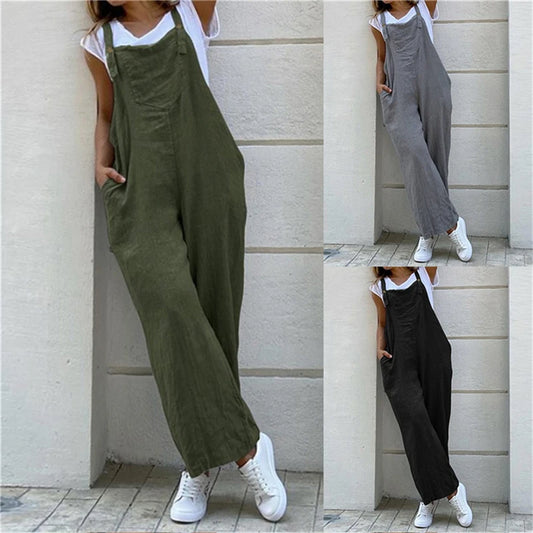 Summer Jumpsuit For Women Solid Color Jumpsuit Casual Long Pant Pockets Button Wide Leg Strap Jumpsuit Loose Rompers Overalls