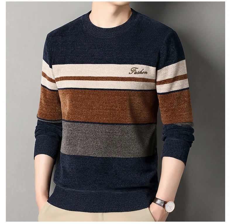 Pull en chenille pour homme, pull en tricot à rayures, haut d'automne et d'hiver, col rond, tricoté