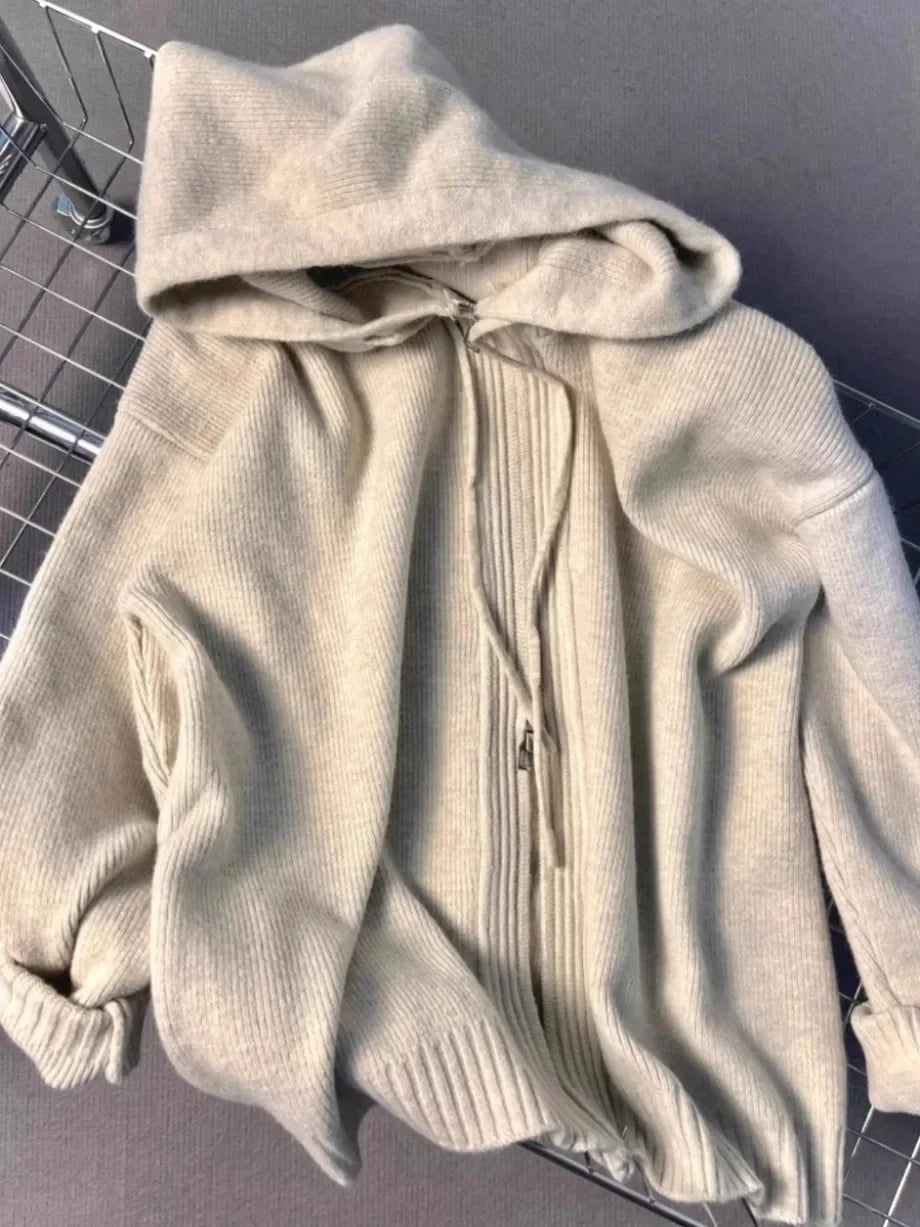 Pull à capuche gris pour femme, manteau, printemps, automne, double fermeture éclair, manches longues, cardigans tricotés amples, sweats à capuche simples et assortis