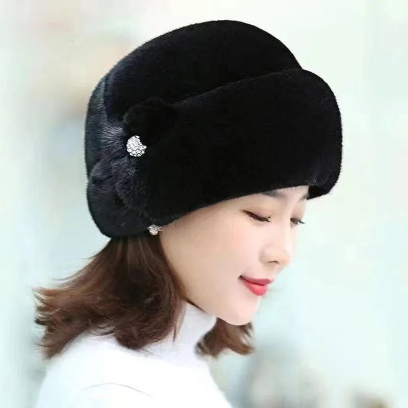 New Mom Style Hat Women's Winter Artificial Mink Hair Top Hat Fashion Leather Warm Hat Middle-Aged and Elderly Fur Bag Cap Trend