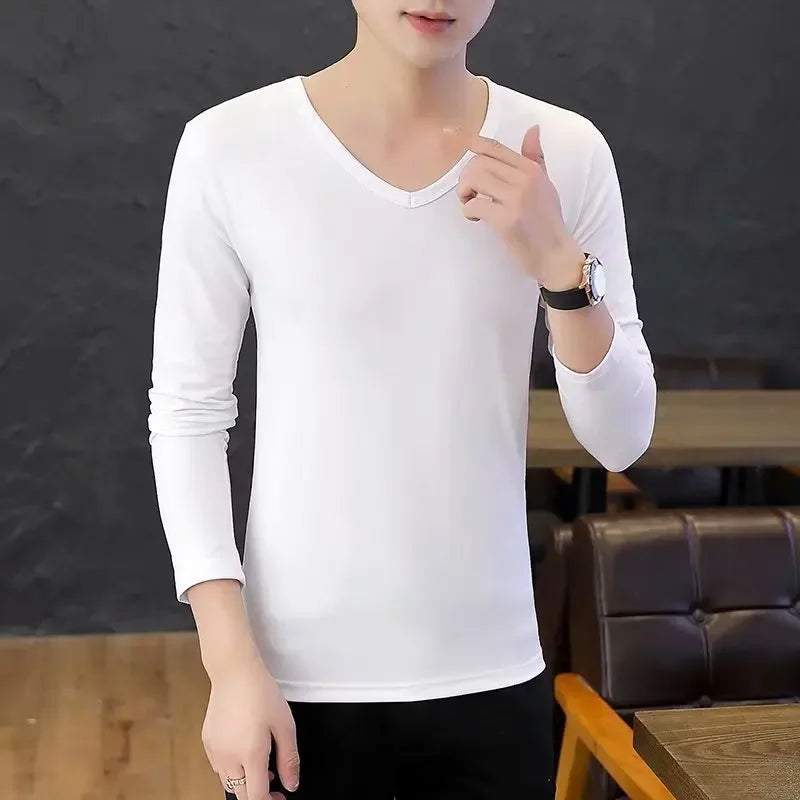 Men's Long Sleeve Black V-neck Base Layer T-shirt Solid Color Autumn Innerwear Thin Style Comfortable Men's Top