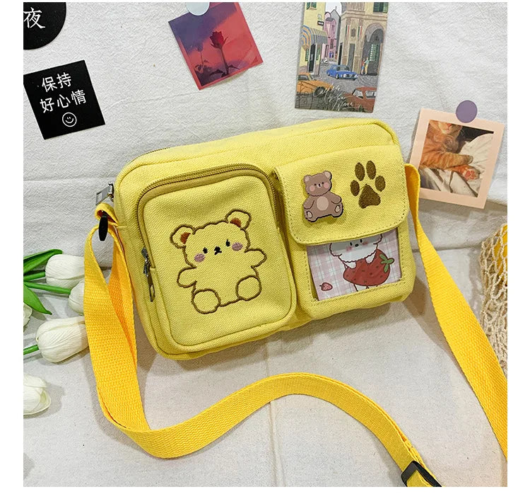 Canvas Small Bag Japanese ins Women Shoulder Bag Cute Funny Personality Embroidery Bear Girl Student Transparent Messenger Bag