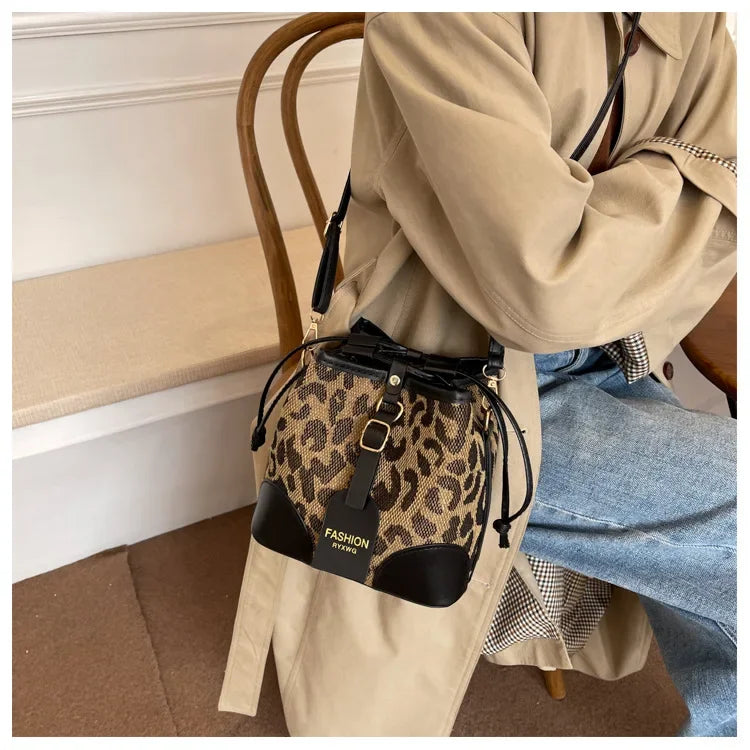 Leopard Small PU Leather Women Bucket Crossbody Bags 2024 Fall Designer Shoulder Bag Luxury Brand Ladies Handbag Lady Trend Tote