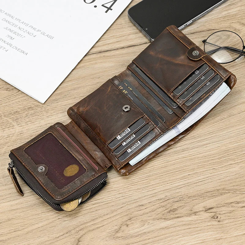 Leather Men‘s Short Wallet Hasp Genuine Leather Unisex Zipper Coin Clutch Purse Cowhide Card Holder Trifold Man wallets