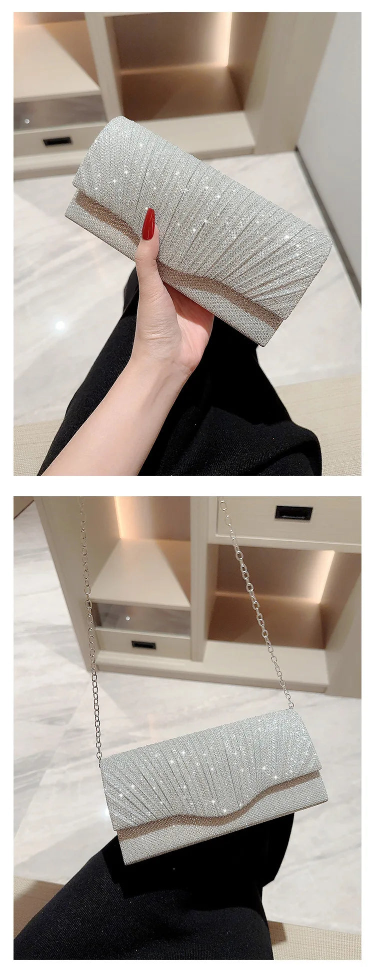 Ladies Glitter Silver Clutch Bag Envelope Evening Bag Fashion Elegant Long Purse Women Chain Shoulder Bags Wedding Party Handbag