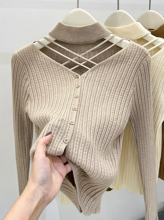 Sexy Hallow Out Halter Knitted Top For Women 2023 Autumn Solid Base Long Sleeve Bottoming Sweater Shirt