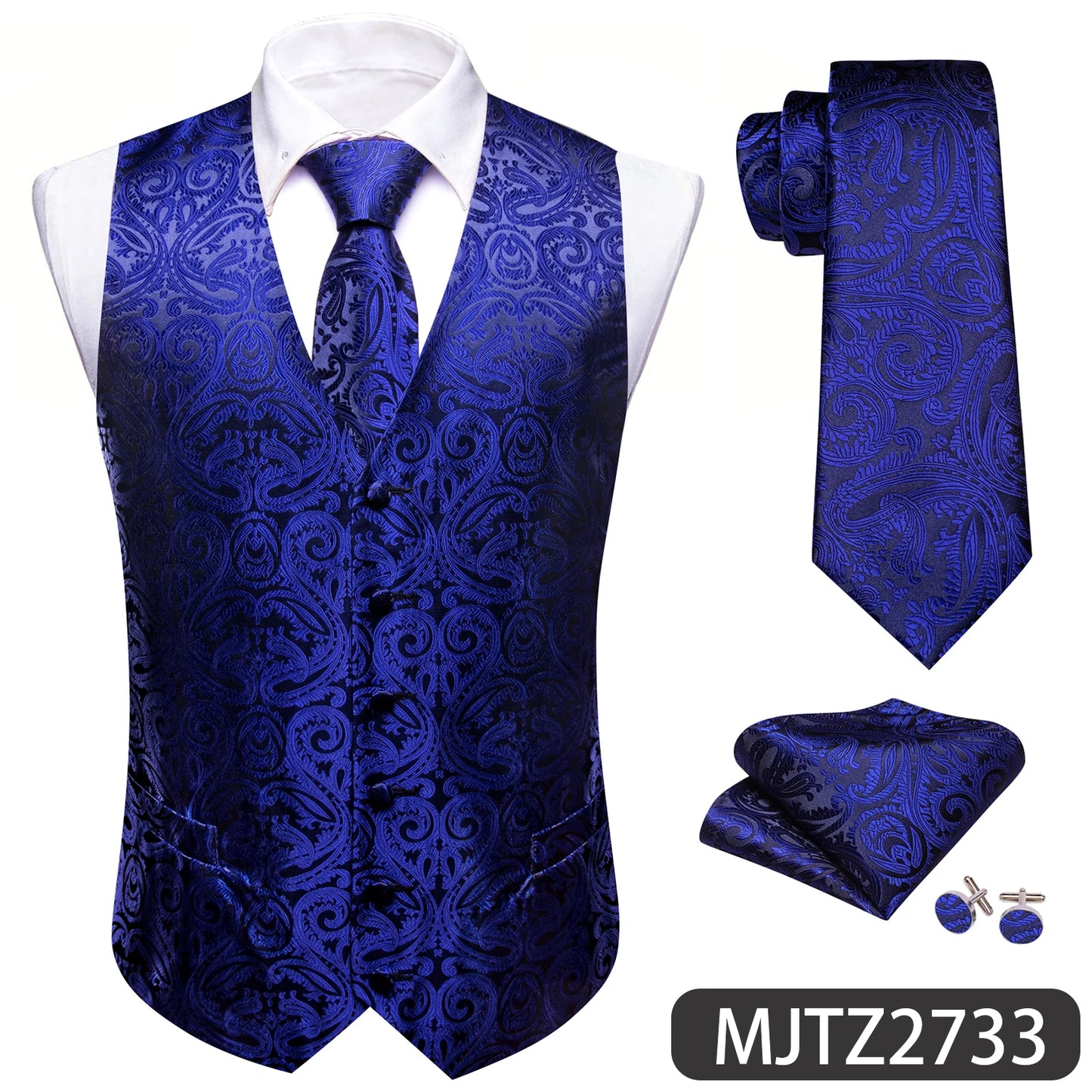 Sky Navy Royal Teal Blue Silk Men Vest Tie Hanky Cufflink Set Woven Waistcoat Sleeveless Jacket Male Wedding Business Barry.Wang