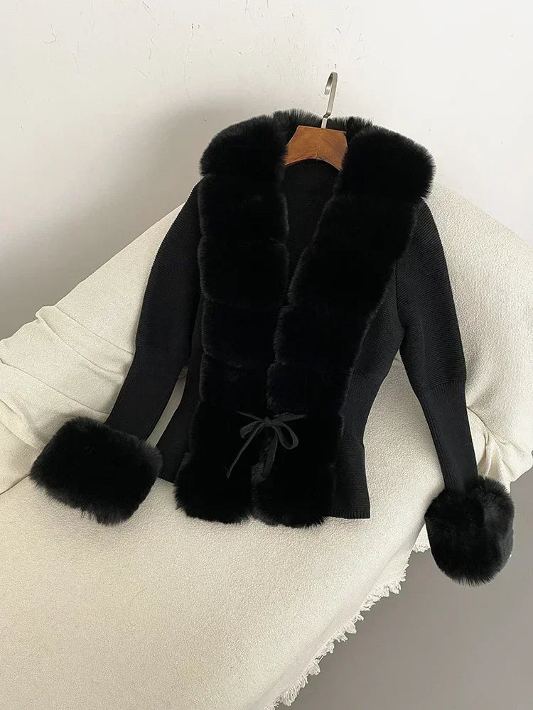 Autumn/Winter 2024 Women's Fur Coat Luxury Patchwork Knitted Sweater Bandage Fur Cardigan Detachable Collar Jacket Faux Fur Coat