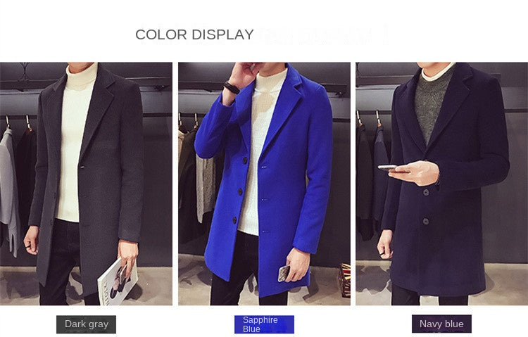 Men Long Cotton Coat 2024 Autumn Winter New Wool Blend Pure Color Casual Business Fashion Slim Windbreaker Jacket Men Clothing