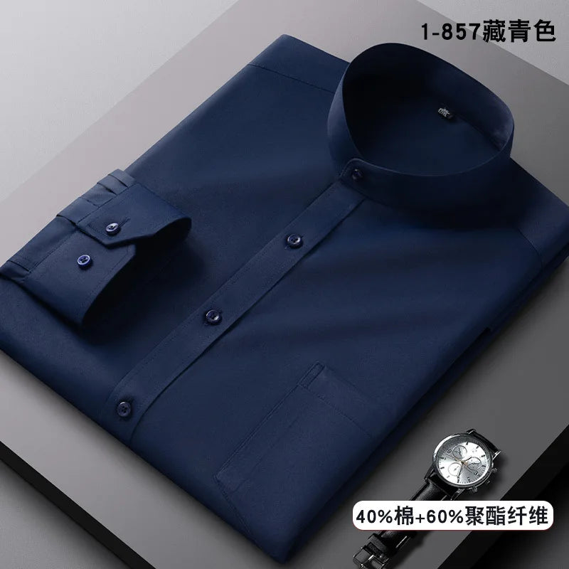 Stand Collar Shirt Men's Long Sleeve Chinese Style Tang Suit Breathable Anti-Wrinkle Easy Care Business Casual Dress Shirts