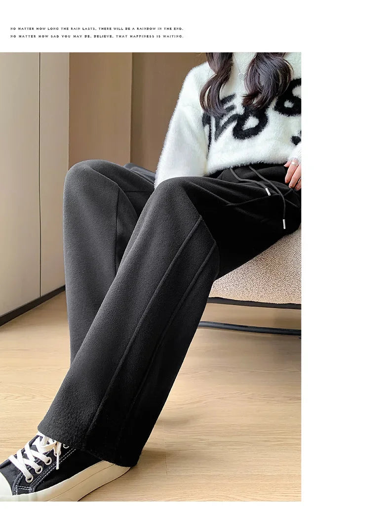 Women's Winter Thickened Fleece-lined Bell Bottoms Casual Straight-leg Pants High-waisted Draped Rice Cake Trousers New Model