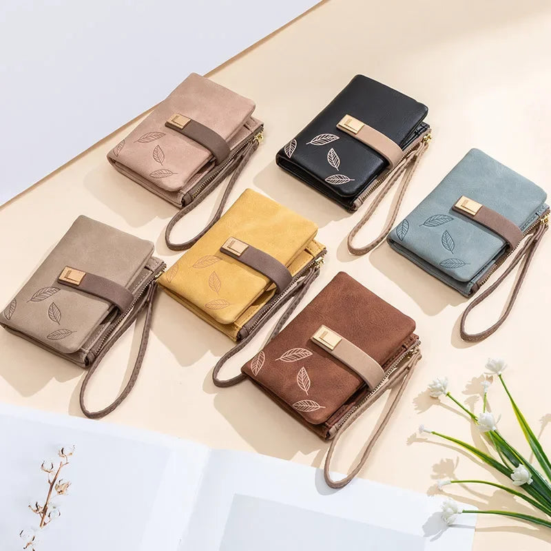 Fashion Female Wallet Short Leaf Print Purse Women Small Nubuck Leather Purse with Wrist Strap