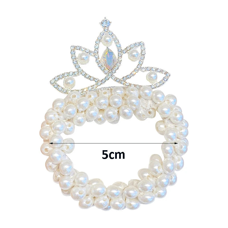 2PC Fashion Pearl Crown Princess Hair Bands Elastic Rubber Bands Children Ball Hair Bun Ties Hair Styling Accessories