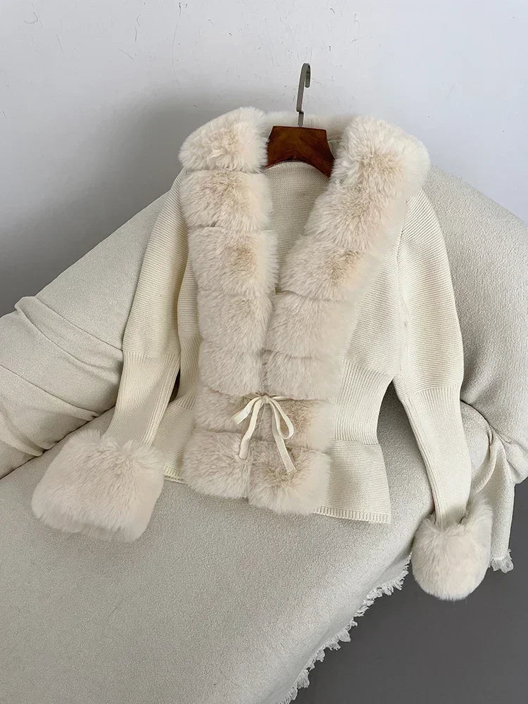 Fall Winter Women Faux Fur Coat Luxury Patchwork Knitted Sweater Bandage Fur Cardigan Detachable Collar Jackets Faux Fur Coats