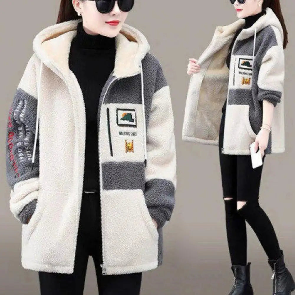 Zipper Closure Lady Coat Women Lightweight Jacket Cozy Hooded Colorblock Jacket Plush Embroidered Stylish Winter Coat for Women