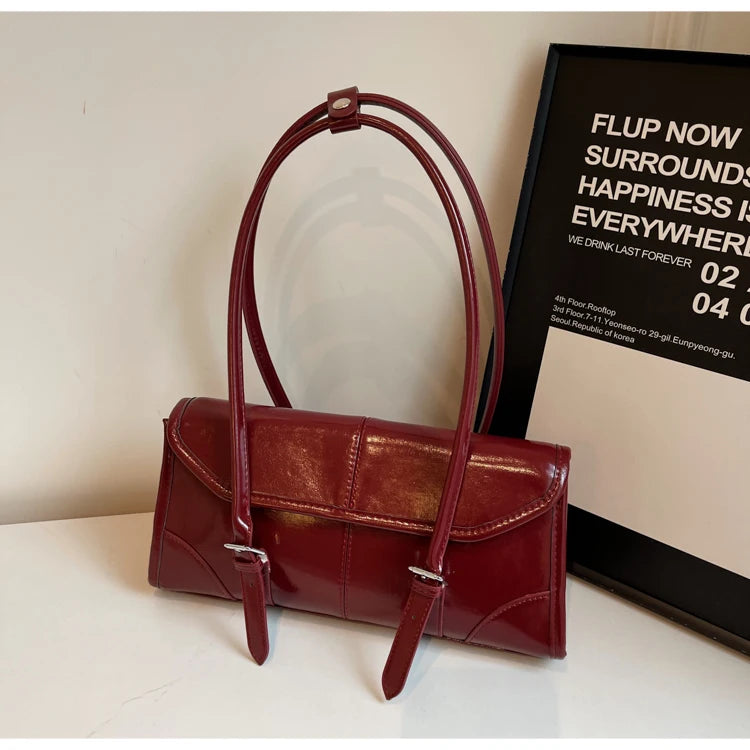 High End Burgundy Oil Wax Leather Underarm Bag Elegant Women's Magnetic Buckle Shoulder Bag Commuter Versatile Ladies Tote Bags