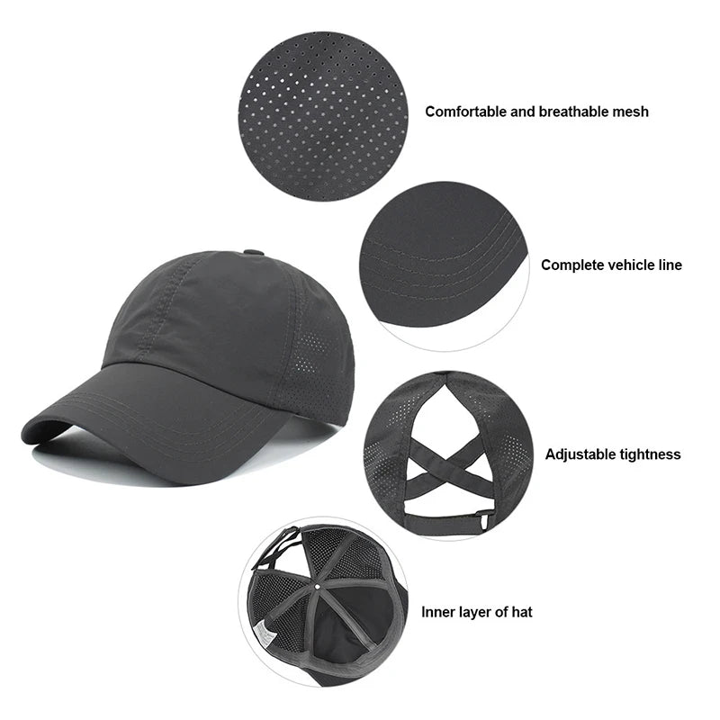 Casquette de baseball d'été de couleur unie pour femme, vêtement de golf, sport, loisirs, queue de cheval croisée, maille à séchage rapide, demi-creuse, casquette à visière pour homme