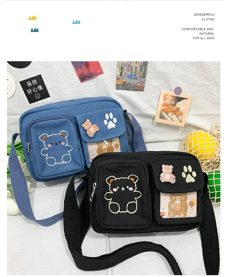 Canvas Small Bag Japanese ins Women Shoulder Bag Cute Funny Personality Embroidery Bear Girl Student Transparent Messenger Bag