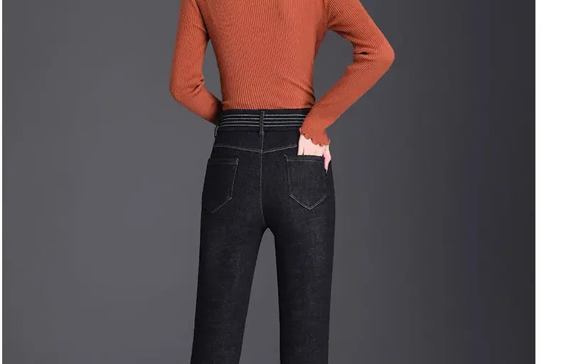 Jeans Femme Doublé Polaire Épais Taille Haute Jambe Droite Taille Élastique Pantalon Pattes D'éléphant Chaud Automne/Hiver