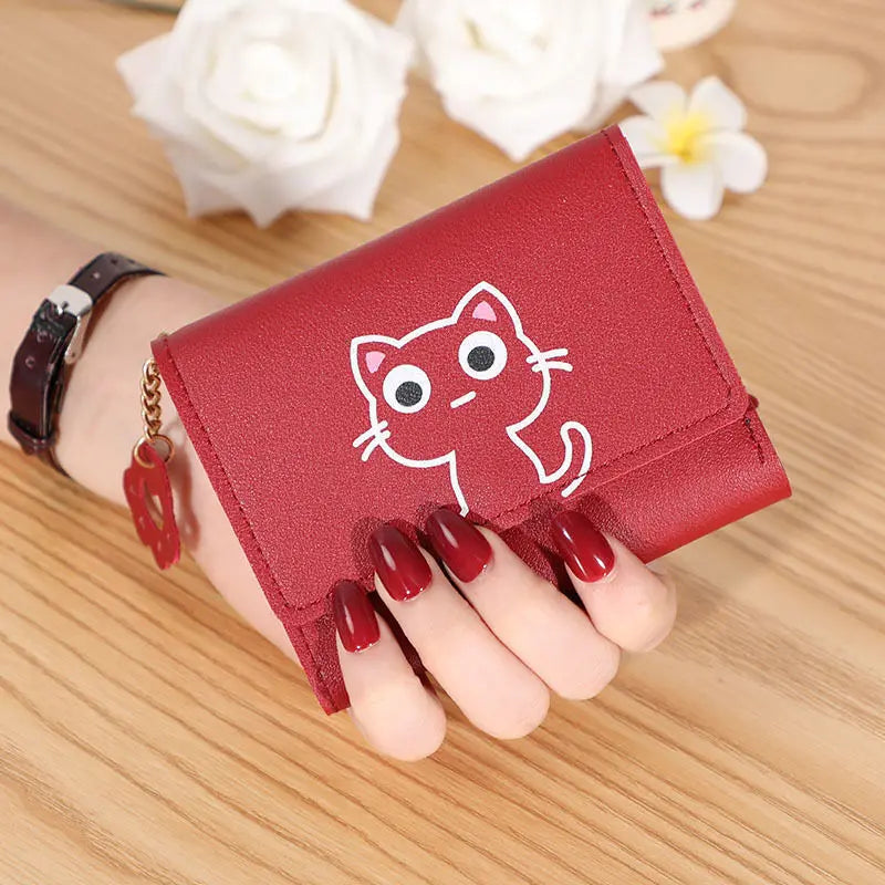 2023 New Women's Wallet Cute Cat Short Wallet Leather Small Coin Purse Girls Money Bag Card Holder Ladies Female Hasp Wallet