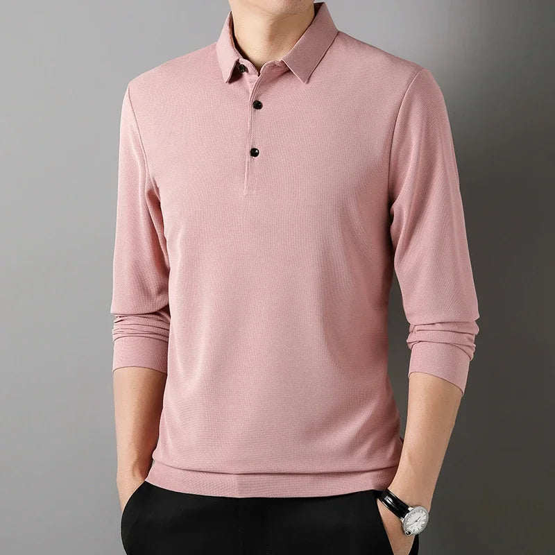 Men's Fashion Waffle Solid Long Sleeved Polo Shirt Summer Breathable Comfortable Top