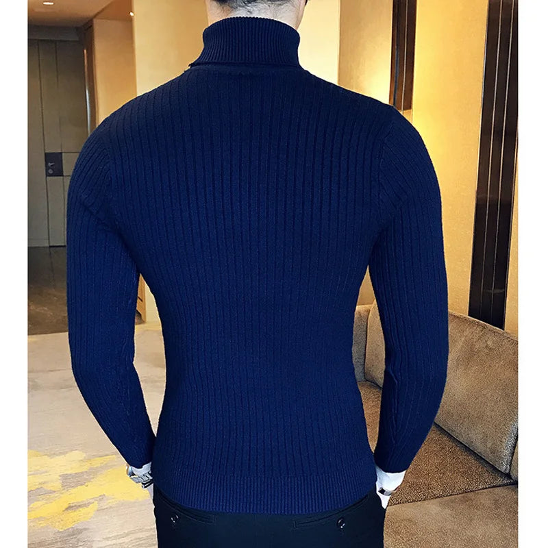 Pull pour homme automne et hiver, haut chaud en tricot fin et élastique, polyvalent, col haut, couleur unie, pull moulant