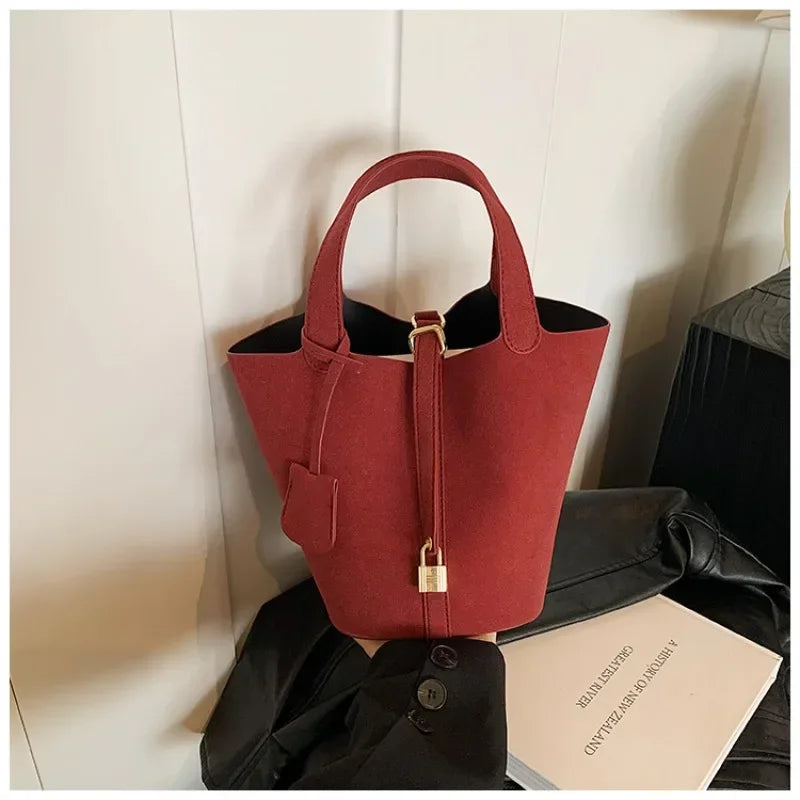 Basket Bag for Women 2024 Autumn and Winter New Frosted Bucket Bag Handbag Casual Red Wedding Bag