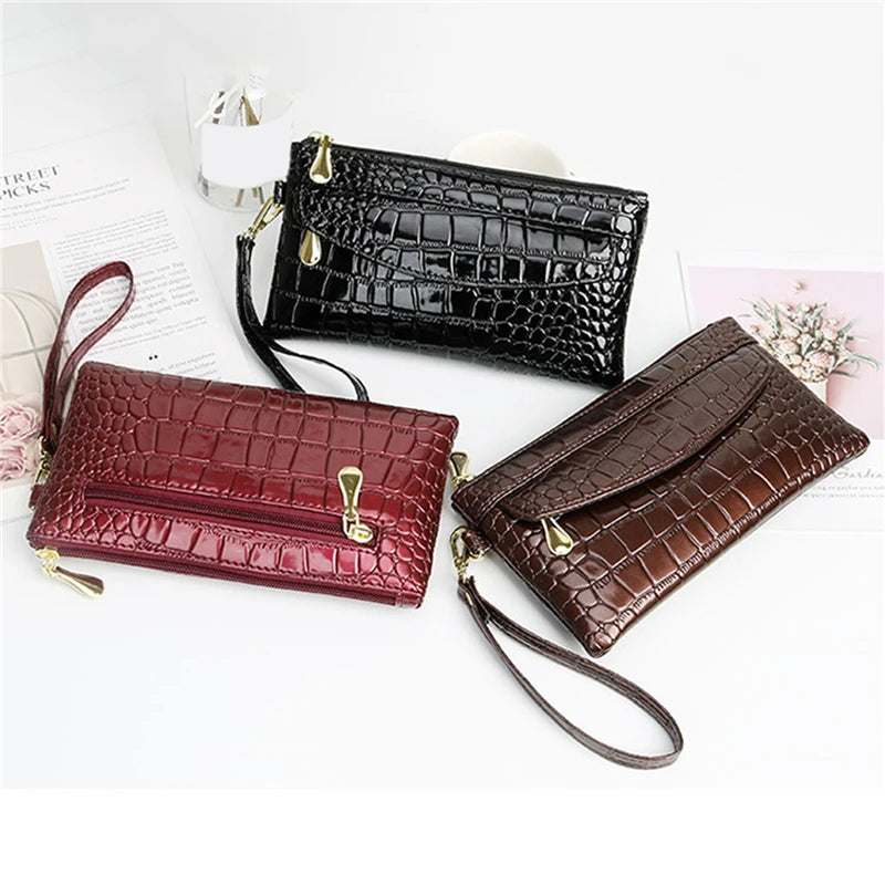 Portefeuilles en cuir verni pour femmes, portefeuille long à double fermeture éclair, pochette design, porte-monnaie rouge, porte-monnaie en crocodile