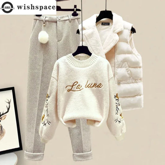 Thickened Cotton Jacket Vest Knitted Long Sleeved Sweater Pullover Woolen Pants Three Piece Elegant Women's Pants Set