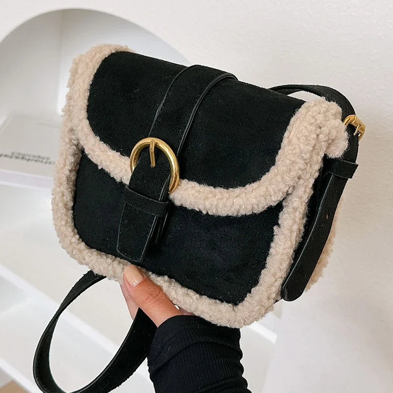 Women's Shoulder Bag Suede and Faux Fur Patchwork Retro Lock Crossbody Bag Small Flap Handbag Brand Designer Tote Bags Handbag