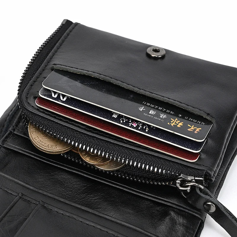 Leather Men‘s Short Wallet Hasp Genuine Leather Unisex Zipper Coin Clutch Purse Cowhide Card Holder Trifold Man wallets