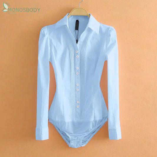 Monos Mujer Elegant Shirring Long Sleeve Collared Body Shirts Women Bodysuits Office Lady Rompers Business Work Blouses and Tops