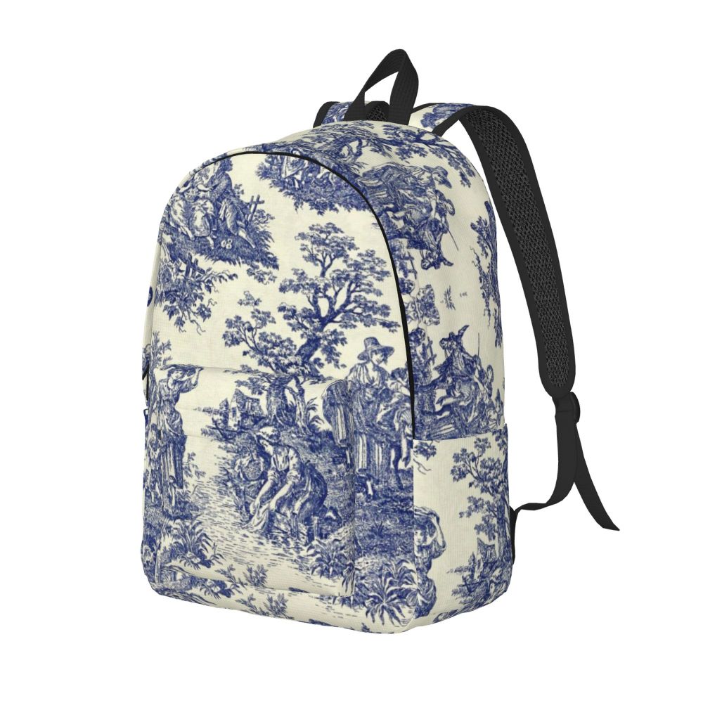 Personalized Navy Blue Toile De Jouy Canvas Backpacks Men Women Basic Bookbag for School College French Countryside Floral Bags