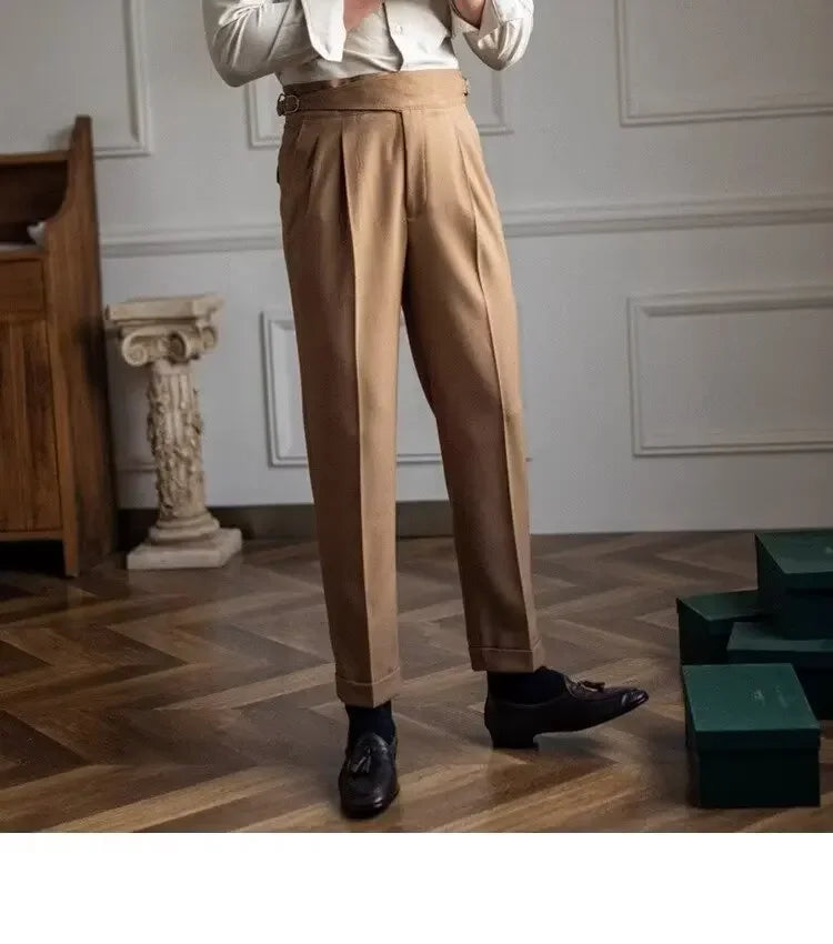 Spring Autumn White Men's Trousers Business Casual Cropped Pants Paris Button Trendy Italian Style