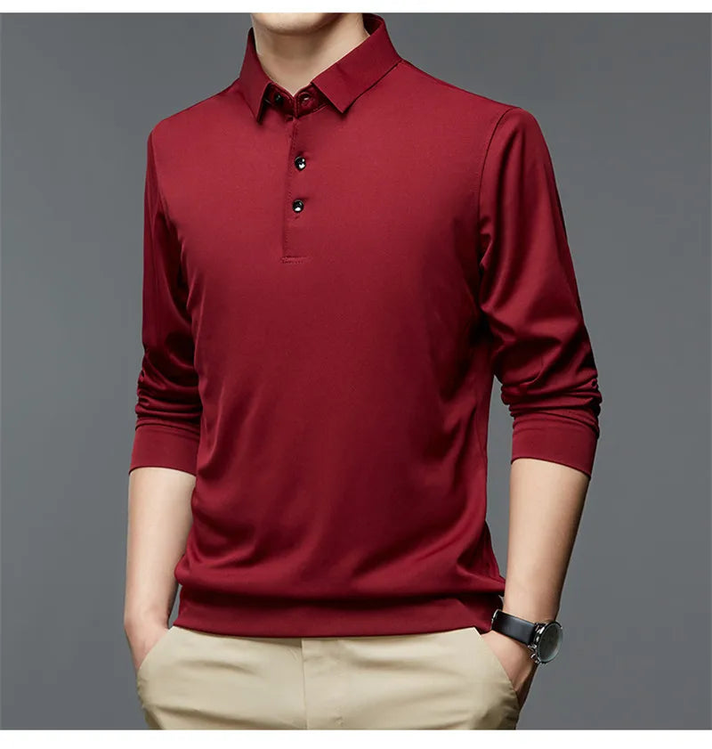 Fashion Men New Business Solid Polo Shirts Spring Autumn Thin Long Sleeve Button Lapel Male Clothing Loose Casual T-Shirt Tops