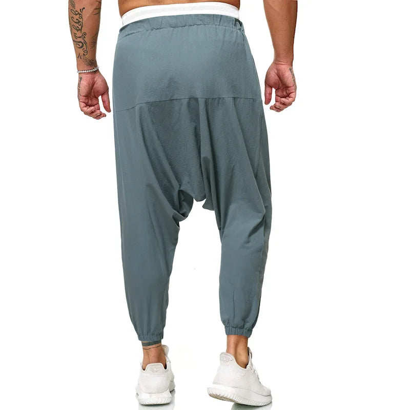 Fashion Cotton Linen Harem Pants Men Solid Elastic Waist Streetwear Joggers Baggy Drop-crotch Pants Casual Trousers Men