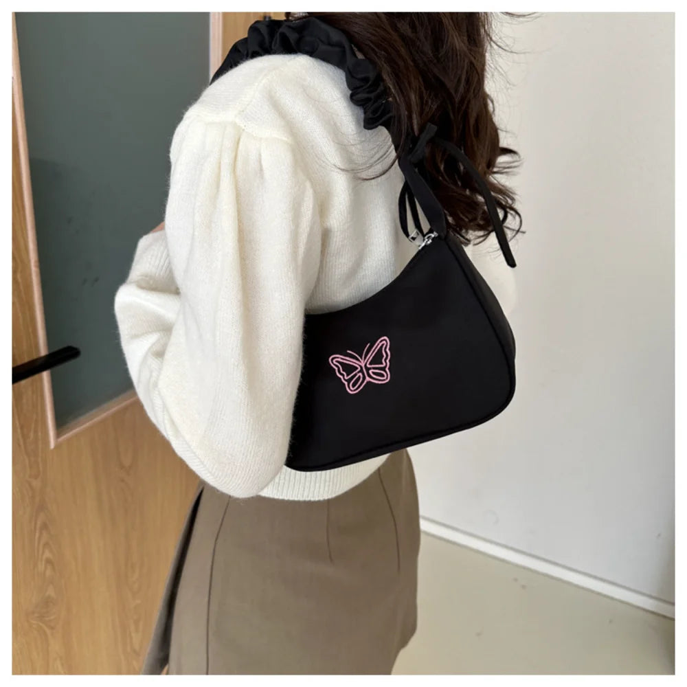 Embroidery Bowknot Butterfly Shoulder Bag Y2k-Style Ruffle Handle Nylon Bow Tote Bag Makeup Lipstick Bag Handbag New