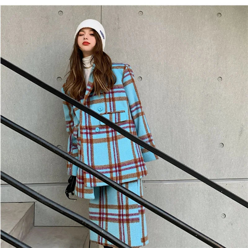 Checkered Suit Jacket for Women's Autumn/Winter 2024 Hong Kong Style Retro Small Fragrant Half Skirt Two-piece Set Trendy Trendy