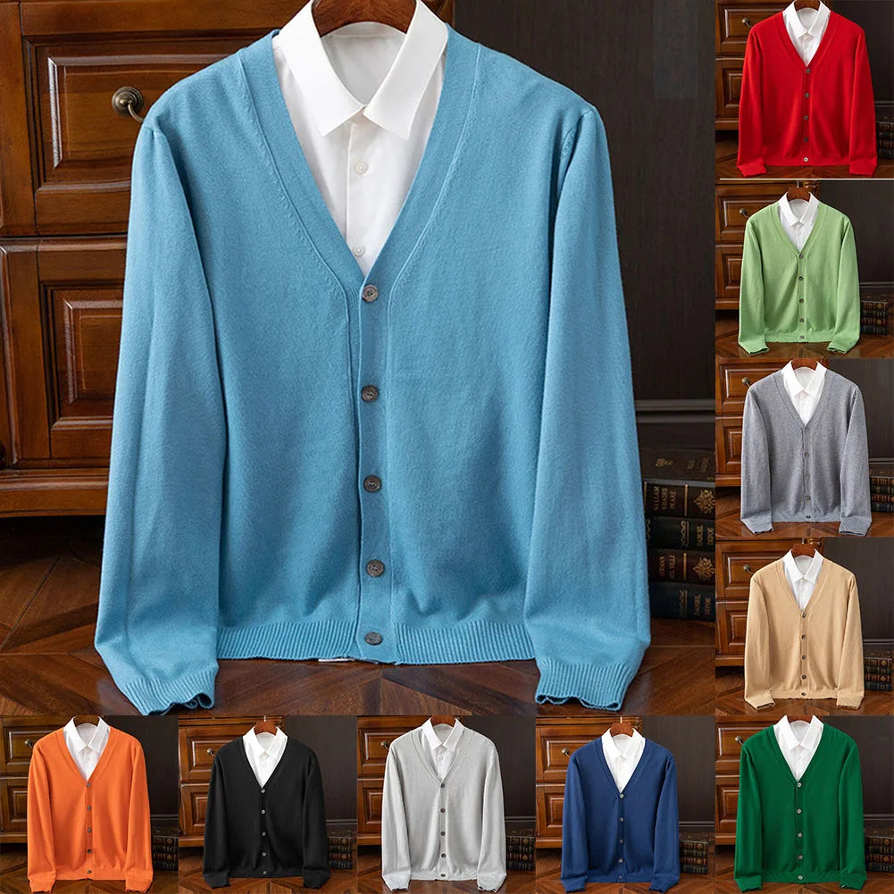 Fashion Men's Classic Solid Color Knit V-Neck Cardigan Sweater Soft Baggy High End Cardigans Sweaters Coat Man Clothing